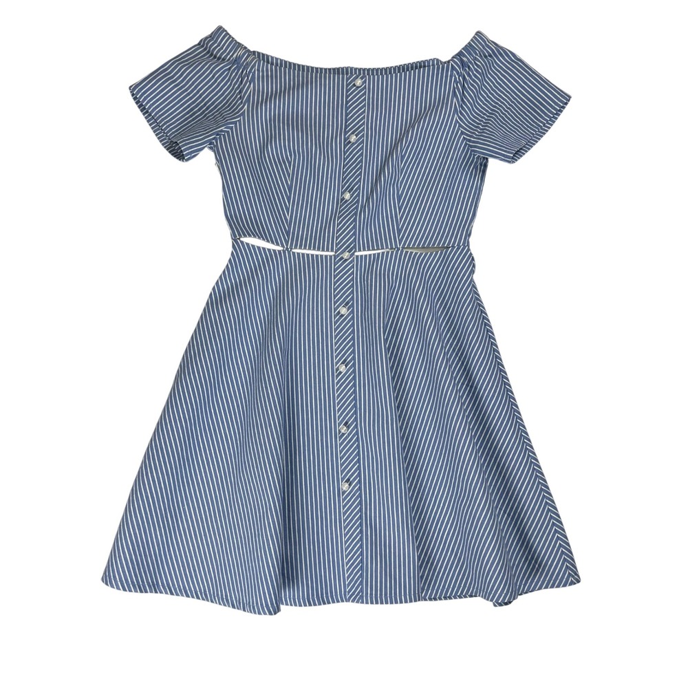 Binkeke Blue White Striped Off Shoulder Cut Out Button‎ Front Mini Dress Small